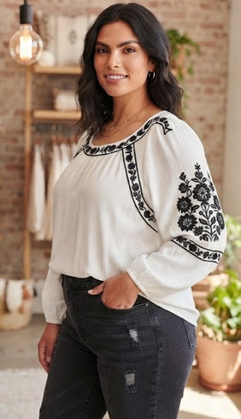 Chico's Boho Peasant Blouse Women's 2 L 12-14 White Black Floral Embroidery Puff